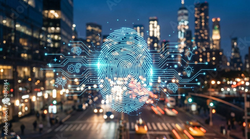 Digital Fingerprint Security Overlay on Blurred Cityscape at Night Futuristic Cyber Security Concept