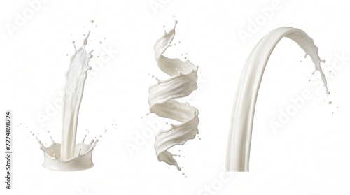 Horizontal set of three pure white milk splashes in vertical arch forms on white background 21:9