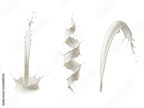 Horizontal set of three pure white milk splashes in vertical arch forms on white background 21:9