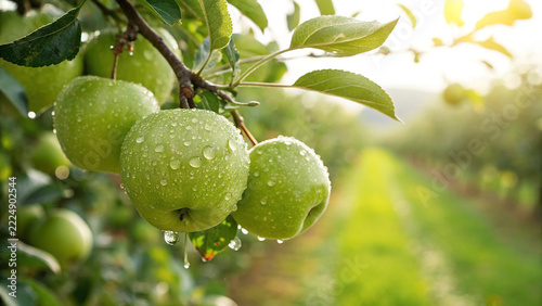 Obraz na plátně Wet green apples with dew drops hanging on orchard tree branch