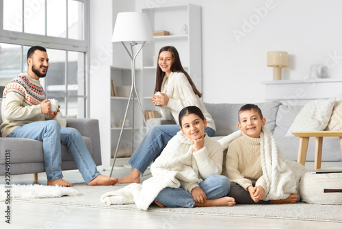 Little children with warm plaid and their parents drinking cocoa at home on w...