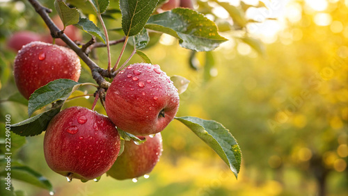Obraz na plátně Ripe red apples with raindrops hanging on a branch in a sunny orchard