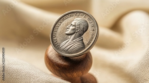 Weathered antique coin on wooden stand over linen fabric, history and heritage concept
