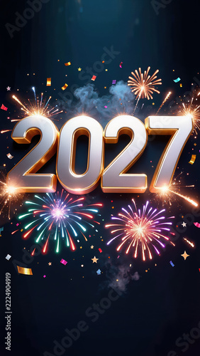 2027 celebration with glowing gold numerals, colorful fireworks and confetti
