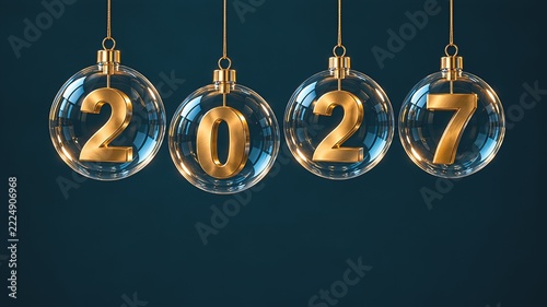 2027 Golden Numerals Inside Hanging Glass Ornaments – Luxury New Year Background