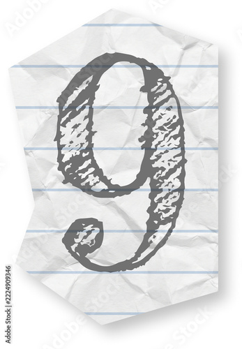 Hand drawn number nine on a piece of crumpled lined paper.