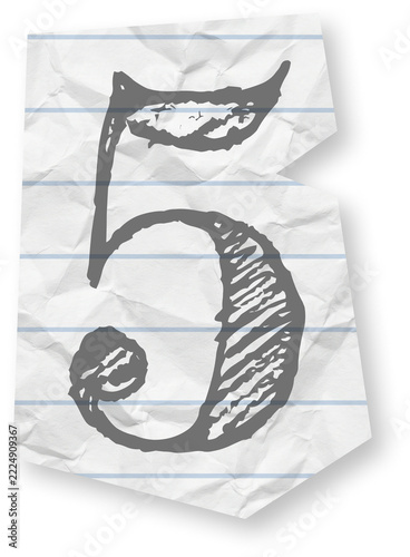 Hand drawn number five written on a piece of crumpled lined notebook paper.