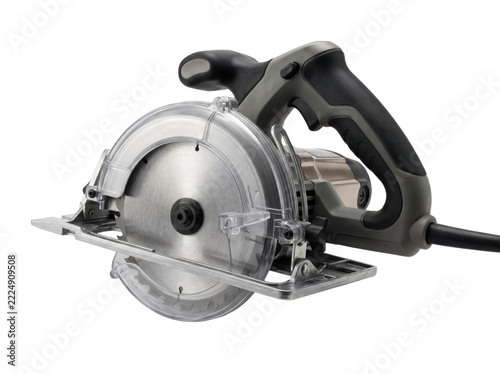 Handheld Electric Circular Saw Power Tool Isolated on White Background for Carpentry, Construction, and DIY Woodworking Projects Copy Space