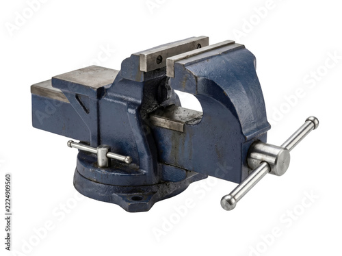 Heavy Duty Blue Metal Bench Vise Isolated on White Background for Industrial Workshop, Metalworking, and DIY Hardware Concept