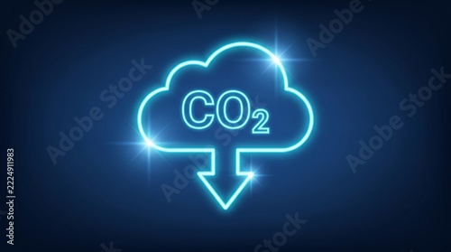 Glowing neon cloud icon with carbon dioxide symbol and downward arrow