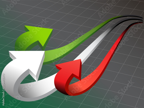 Business success and financial progress concept with growing bar graphs, stock trading trend arrows, and golden coin stacks on isolated background.