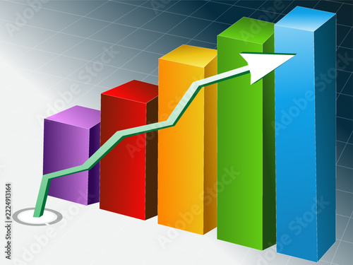 Business success and financial progress concept with growing bar graphs, stock trading trend arrows, and golden coin stacks on isolated background.