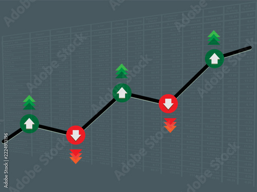 Business success and financial progress concept with growing bar graphs, stock trading trend arrows, and golden coin stacks on isolated background.