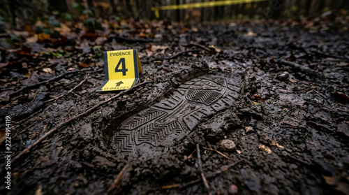 Crime scene footprint in mud with evidence marker in forest investigation outdoor investigation forensic evidence