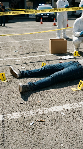 Crime Scene Investigation Body on Ground with Evidence Markers Police Tape Forensic Investigators