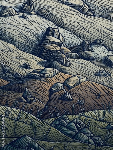 Abstract Textured Landscape with Rocks and Grass