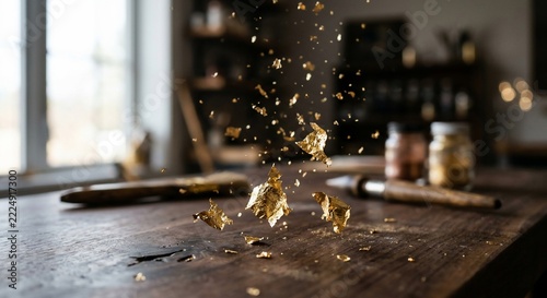 Shiny gold leaf flakes floating in the air above a rustic wooden craft table