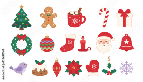 Christmas holiday flat vector icon set. Santa, tree, gingerbread, gift, snowflake, wreath, stocking, candle.