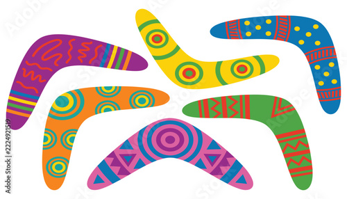 Colorful tribal boomerang vector illustration element set. Indigenous, Australian, weapon, pattern, dot, line and culture.