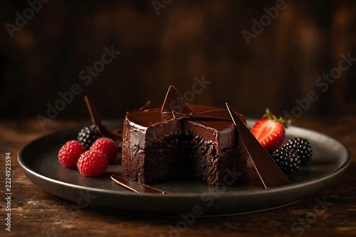 Dark Chocolate Cake with Fresh Berries and Chocolate Garnish