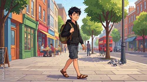 Casual Young Man Walking Through the City with a Backpack Cartoon Illustration