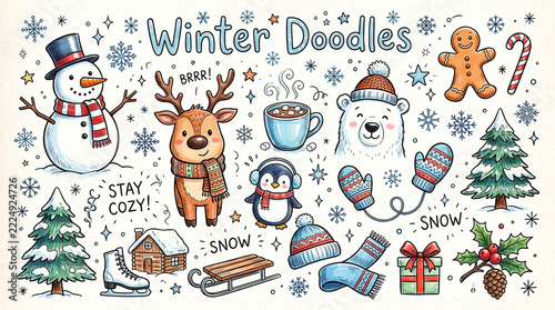 Hand Drawn Winter Doodles Collection with Festive Holiday Elements Vector
