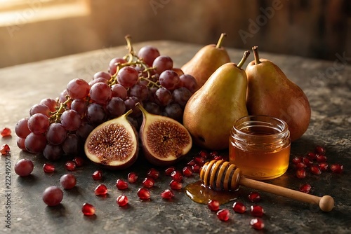 Rustic Still Life of Pears Grapes Figs and Golden Honey