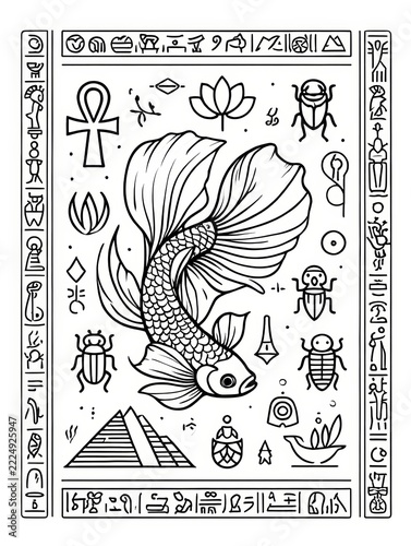 Egyptian Betta Fish and Hieroglyphics Art
