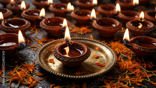 Diwali Oil Lamps Glowing With Marigold Petals