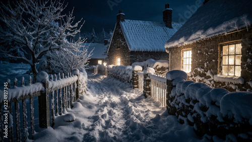 Snowy Village Lane With Warm Glowing Windows