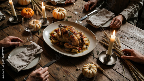 Thanksgiving Dinner With Pumpkins And Candles