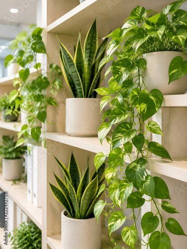 Potted indoor plants on light wood shelves against a neutral wall