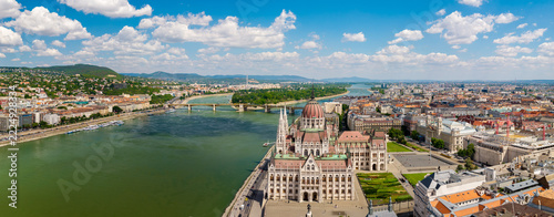 Aerial panorama over the Hungarian Parliament Building in Budapest, Hungary