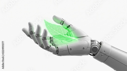 A robotic hand gently holds a glowing green leaf symbolizing the integration of technology with nature for sustainability and environmental protection