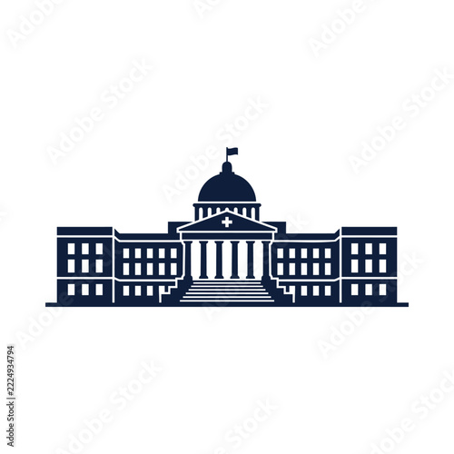 Flat vector icon of a government health institute building with a medical cross on the facade front