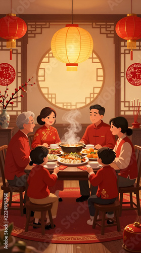 Chinese New Year Family Reunion Dinner - Multi-Generational Celebration with Traditional Decorations and Festive Atmosphere