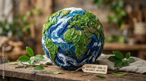 Earth globe model made of clay on wooden table.