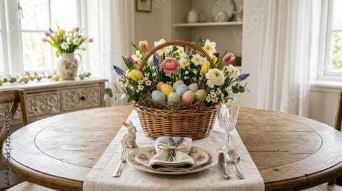 Easter dining table with flower basket and bunny napkins.