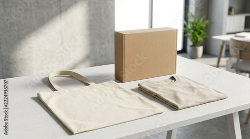Eco-friendly merchandise mockup with tote bag and cardboard box.
