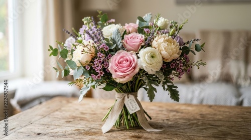 Elegant flower bouquet with roses and peonies on table.
