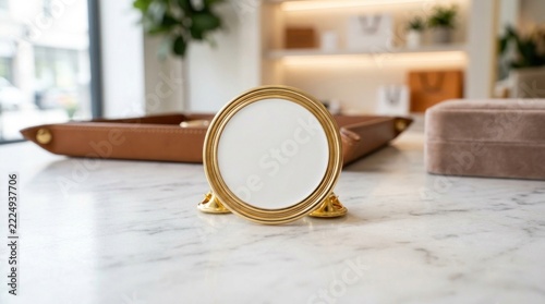 Elegant round gold frame mockup on white marble table.