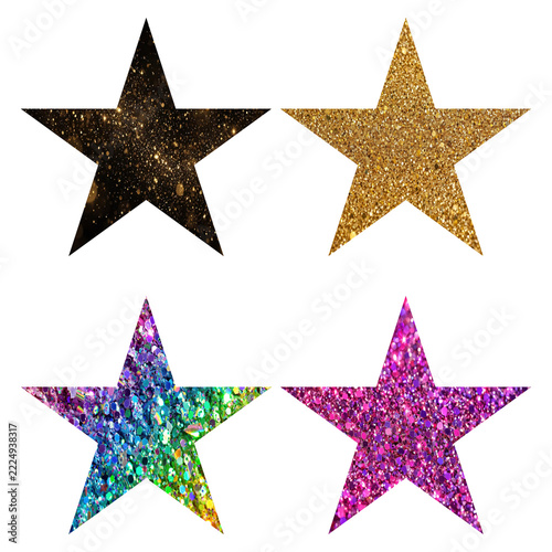 Glitter Stars Set, Gold Black Rainbow and Pink Sparkle Star Elements for Party Design