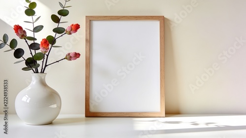 Minimalist Wooden Picture Frame Mockup with White Ceramic Vase and Coral Flower Buds in Soft Natural Light on Neutral Interior Background