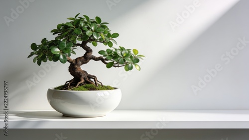 Elegant Green Bonsai Tree in White Ceramic Pot on Minimalist Shelf with Soft Natural Sunlight and Copy Space for Interior Design