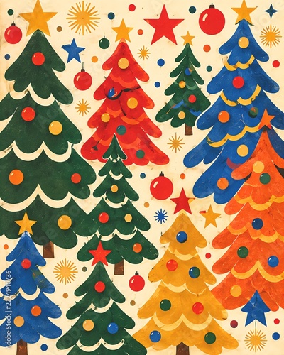 Groovy Retro Christmas Trees and Stars Vintage Holiday Illustration