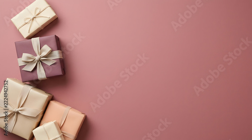 Collection of elegant gift boxes with ribbons for birthday celebration and holiday shopping events