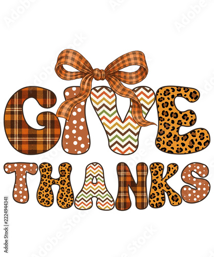 Autumnal give thanks t-shirt design with plaid, polka dot, chevron, and leopard print patterns, adorned with a festive bow