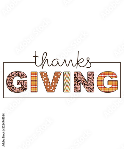 Thanksgiving holiday t-shirt design with thanks in script font and giving in patterned block letters 