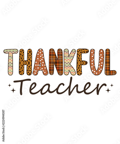 Thankful teacher typography t-shirt design with autumn patterns, including leopard print, plaid, polka dots, and chevron, isolated on transparent background