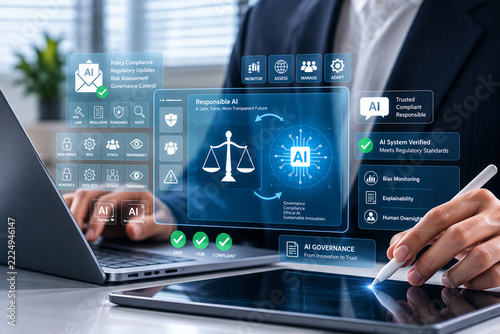 AI governance system with digital law, ethical control and data compliance, management, regulation, accountability, and secure decision making for fair and transparent technology operations